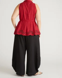 Adelaide Embroidered Sleeveless Linen Blend Shirt Vibrant Red
