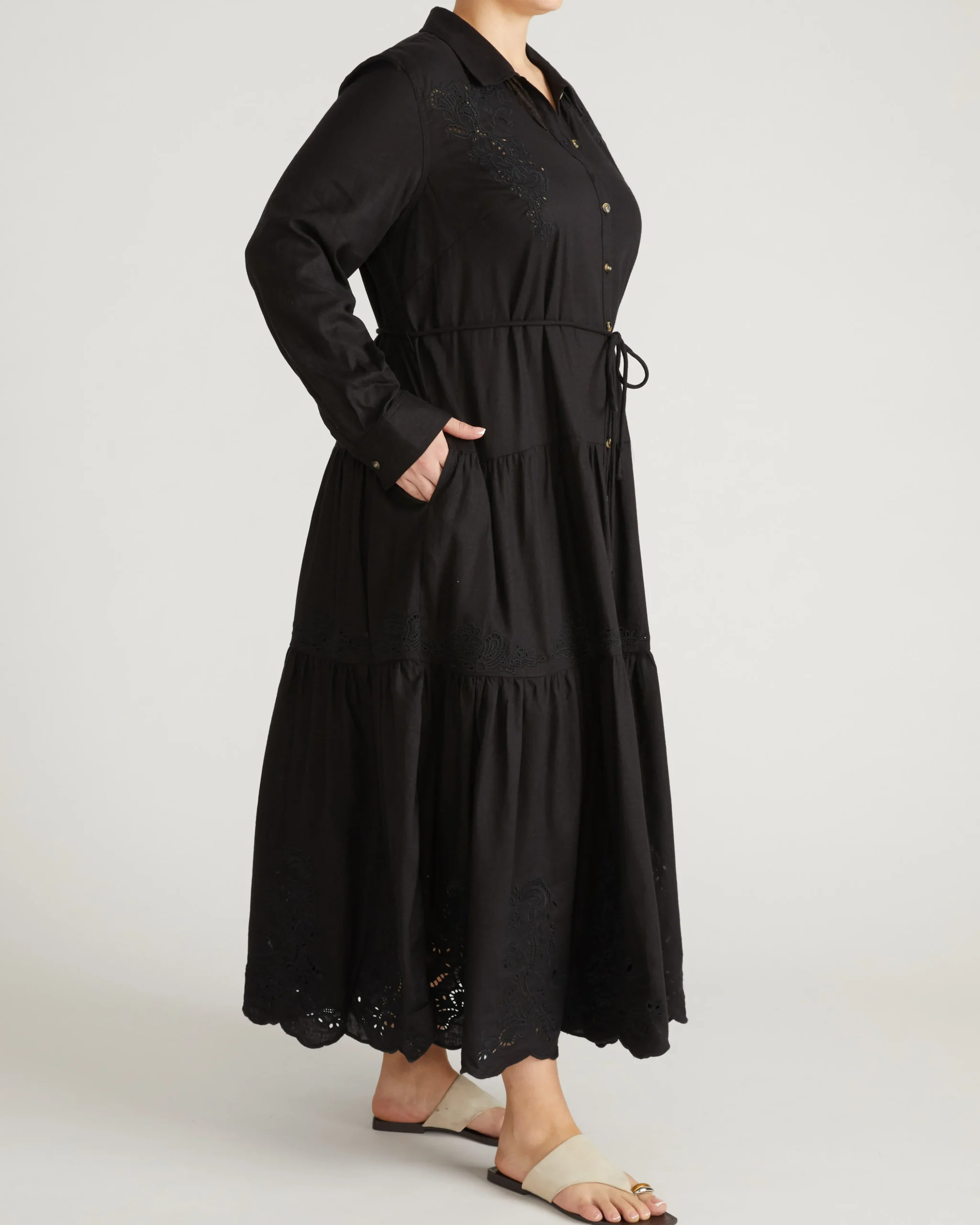 Alix Embroidered Linen Blend Shirtdress Black
