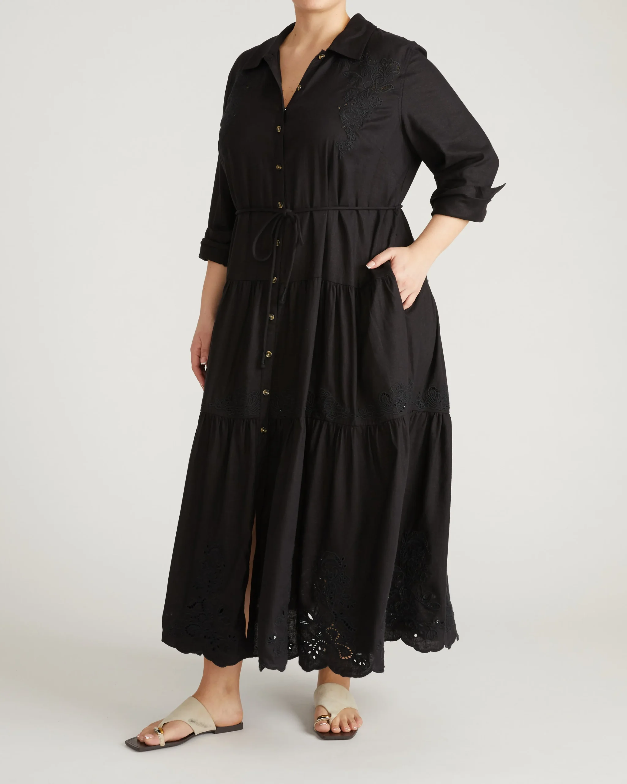 Alix Embroidered Linen Blend Shirtdress Black