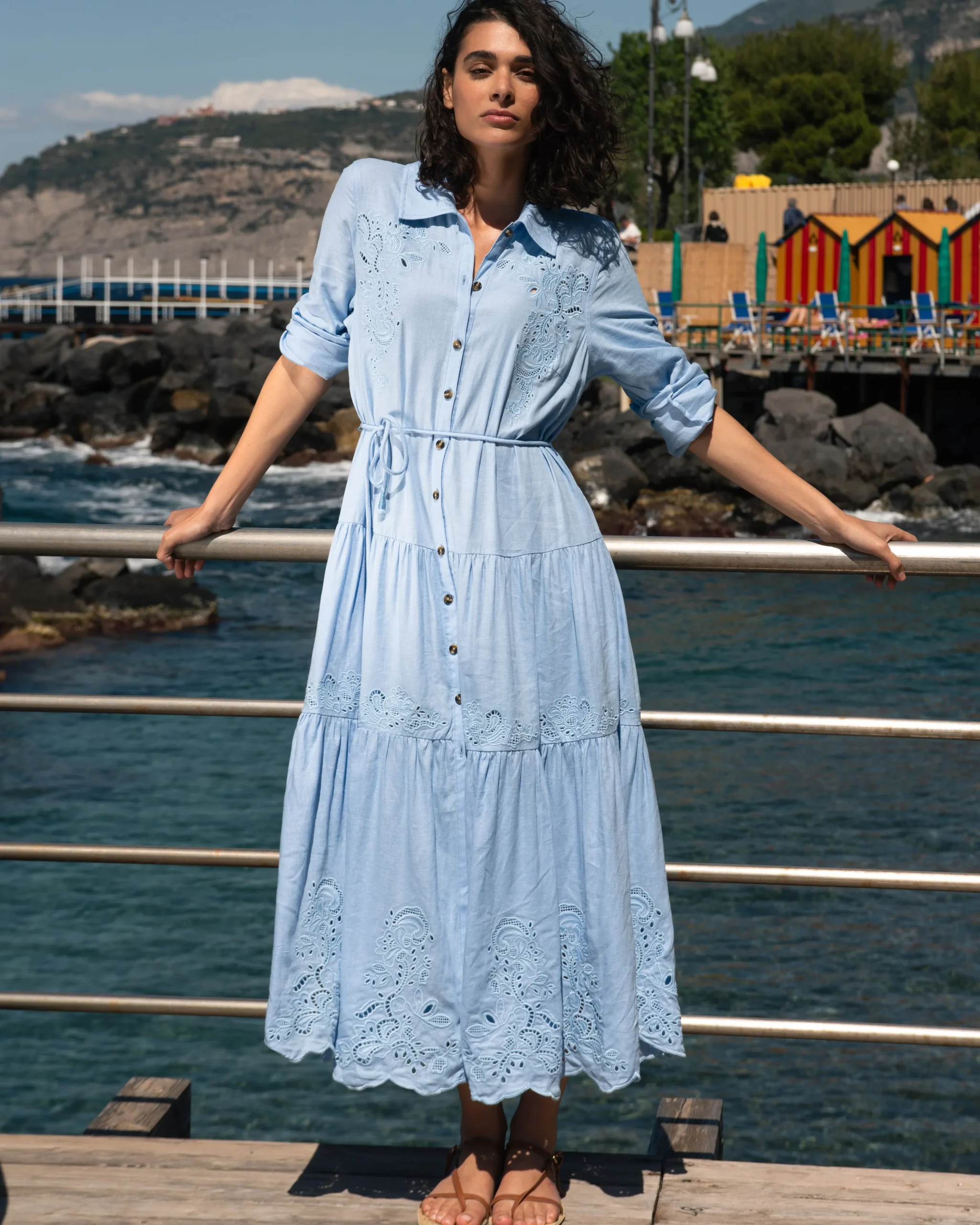 Alix Embroidered Linen Blend Shirtdress Cielo Blue