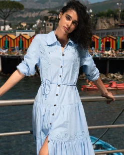 Alix Embroidered Linen Blend Shirtdress Cielo Blue