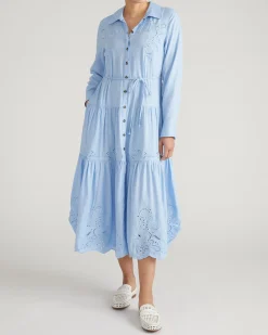 Alix Embroidered Linen Blend Shirtdress Cielo Blue
