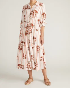 Alix Linen Blend Shirtdress Wild Flower Bouquet Print on Stripes