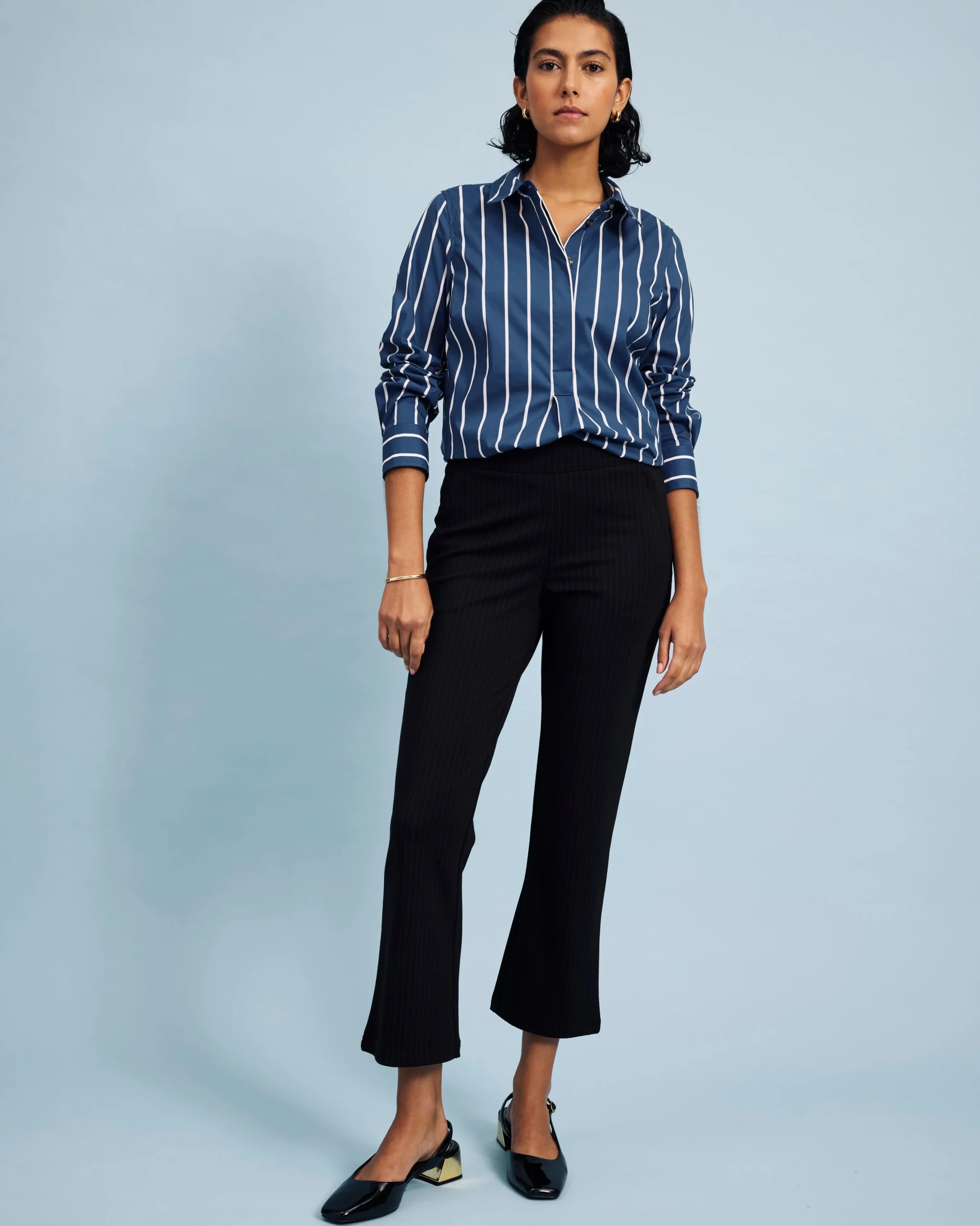 Amaya Ponte Kick Flare Pants Slate Pinstripe