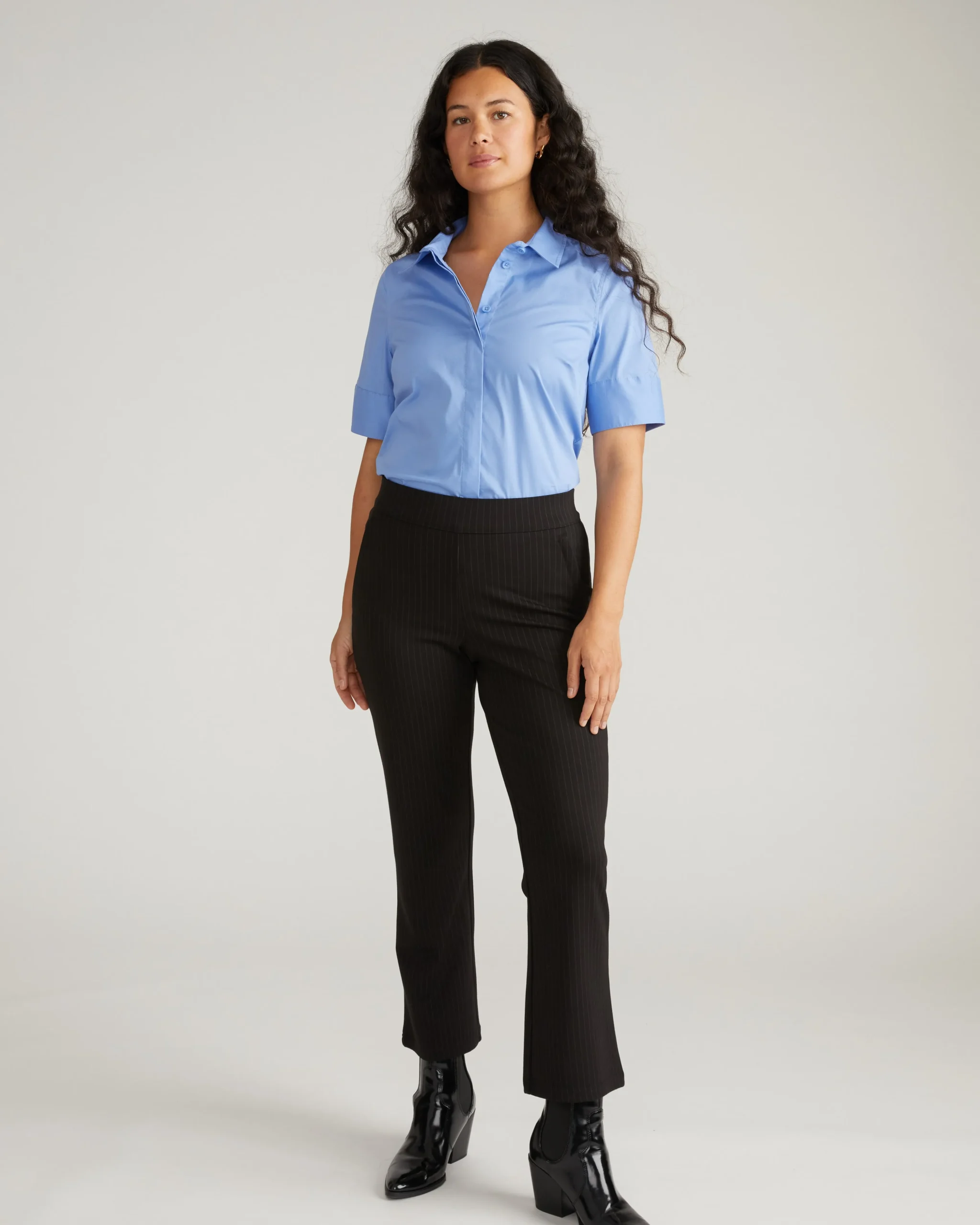 Amaya Ponte Kick Flare Pants Slate Pinstripe