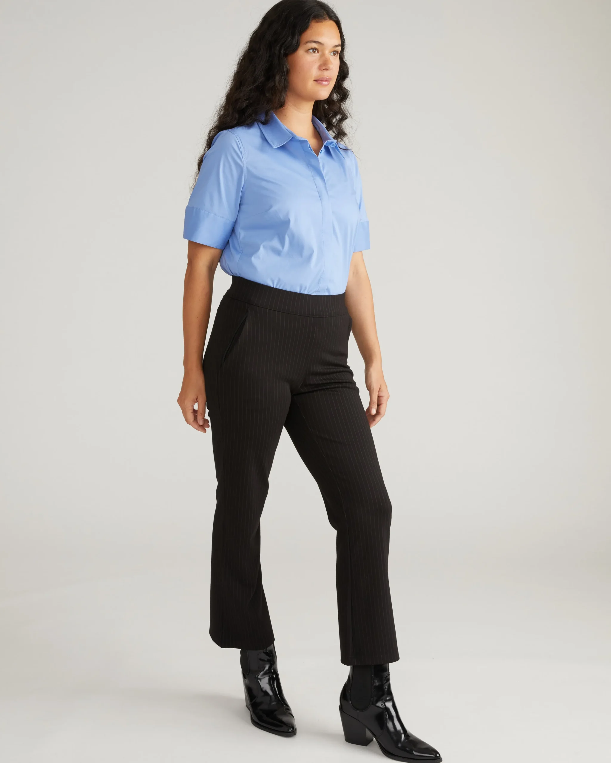 Amaya Ponte Kick Flare Pants Slate Pinstripe