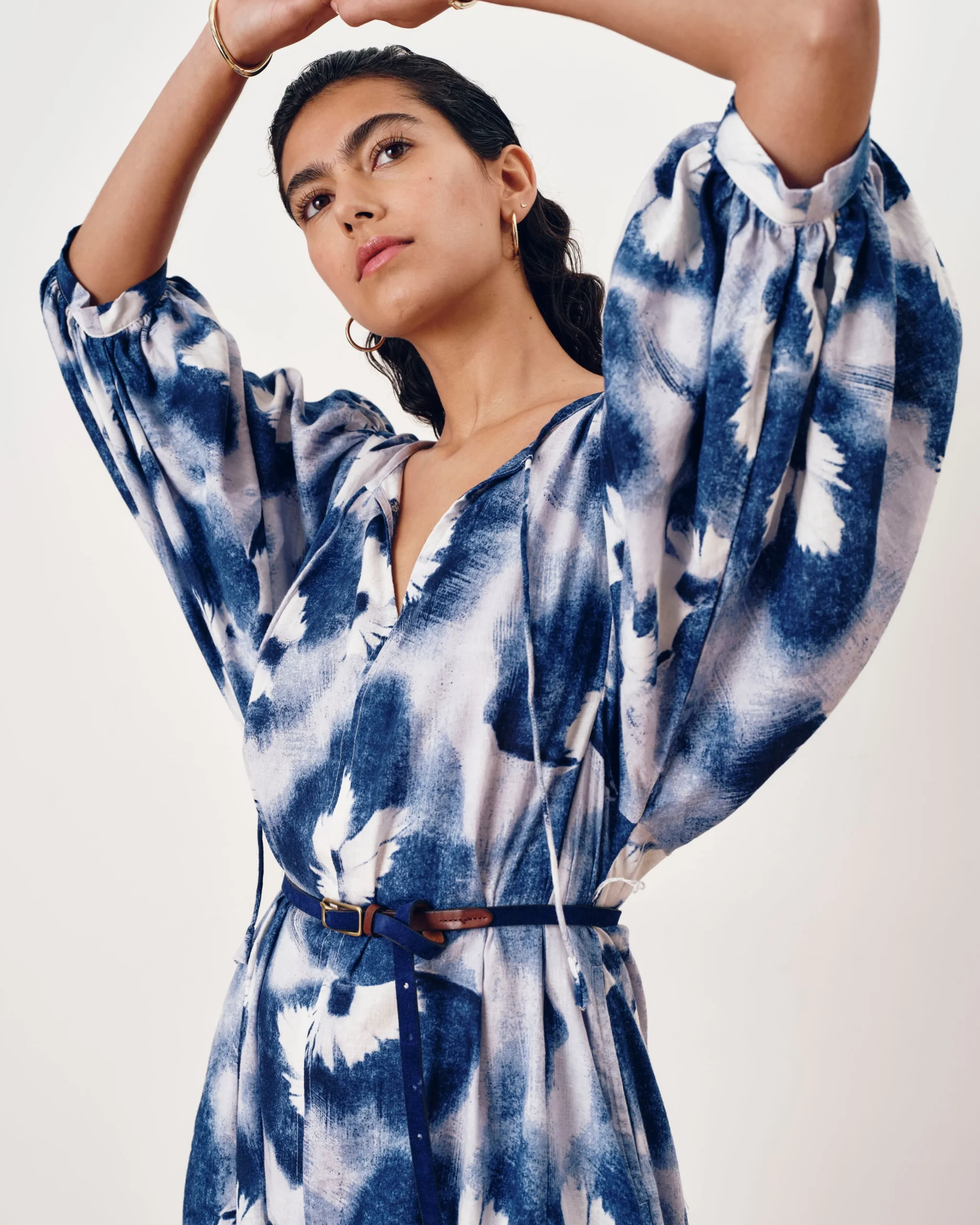 Amparo Linen Blend Dress Blue Pressed Flower Print