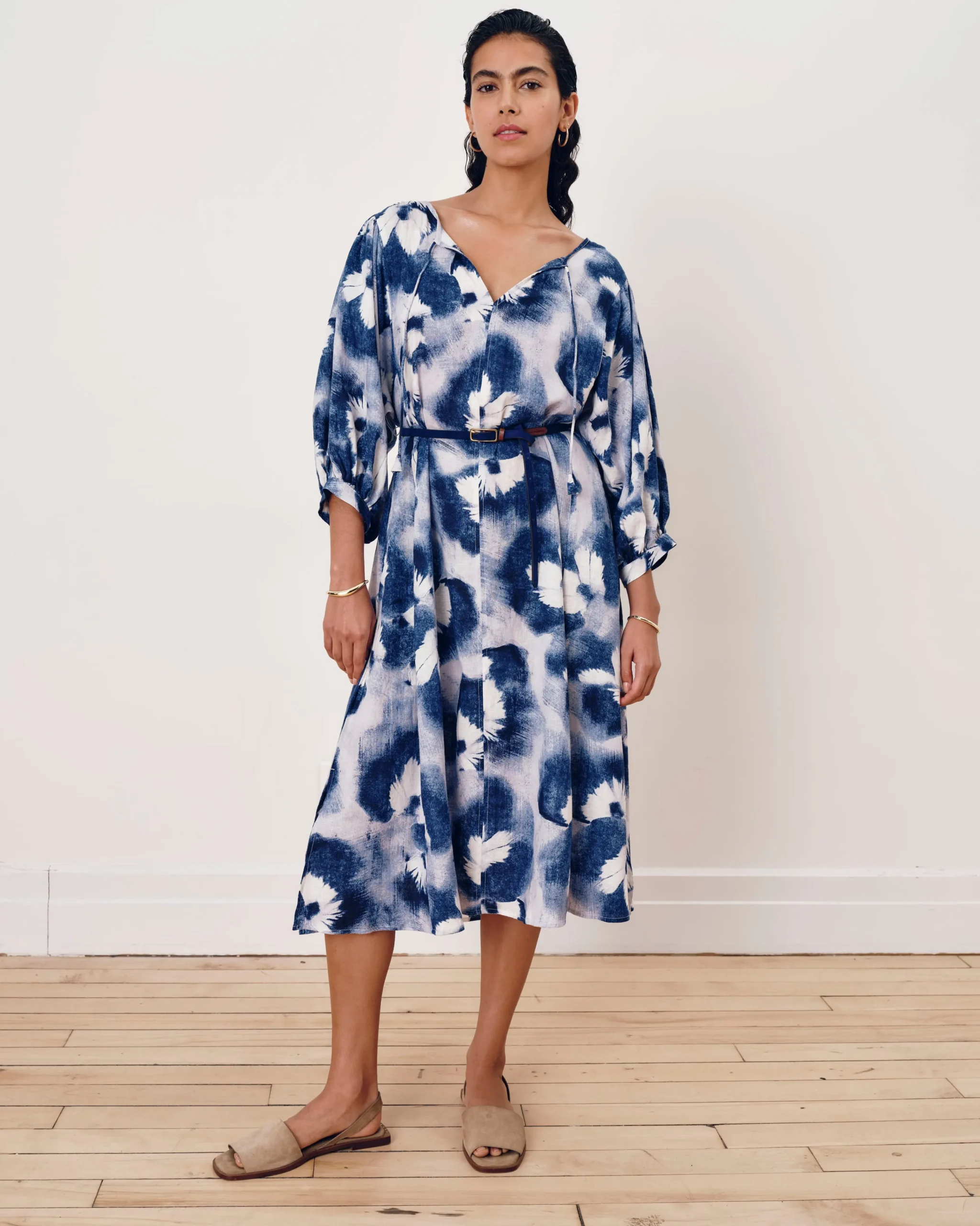 Amparo Linen Blend Dress Blue Pressed Flower Print