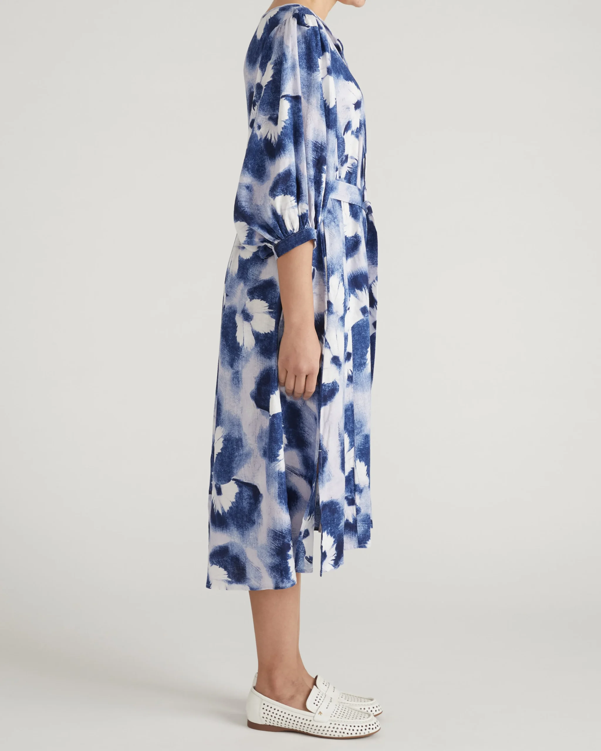 Amparo Linen Blend Dress Blue Pressed Flower Print