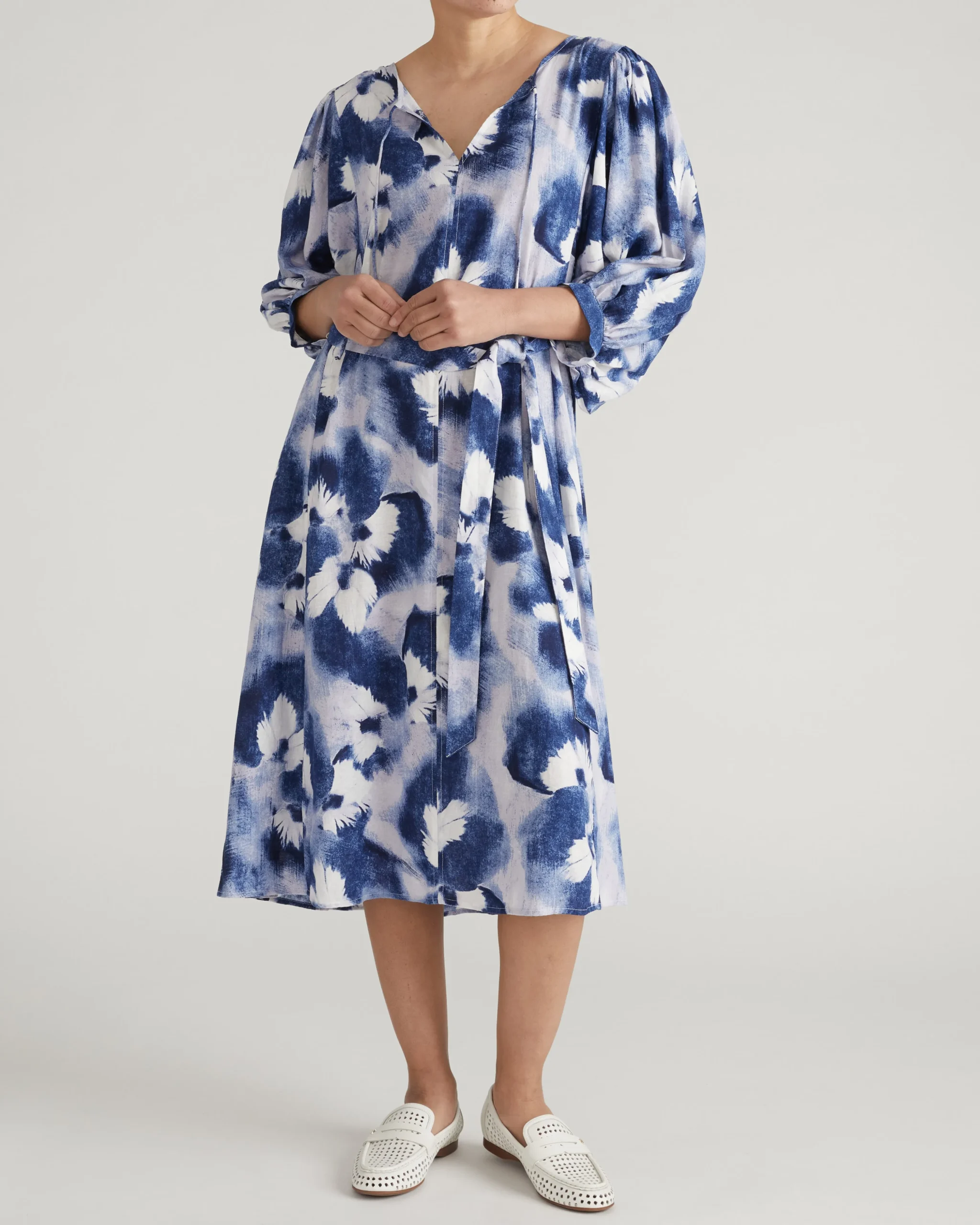 Amparo Linen Blend Dress Blue Pressed Flower Print