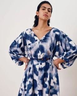 Amparo Linen Blend Dress Blue Pressed Flower Print