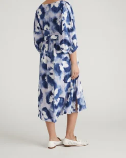 Amparo Linen Blend Dress Blue Pressed Flower Print