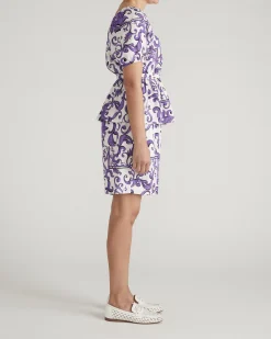 Andrea Peplum Linen Blend Top Purple Majolica Print