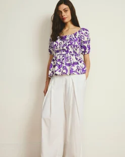 Andrea Peplum Linen Blend Top Purple Majolica Print