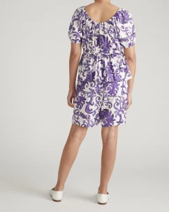 Andrea Peplum Linen Blend Top Purple Majolica Print