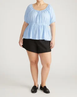 Andrea Peplum Linen Blend Top Cielo Blue
