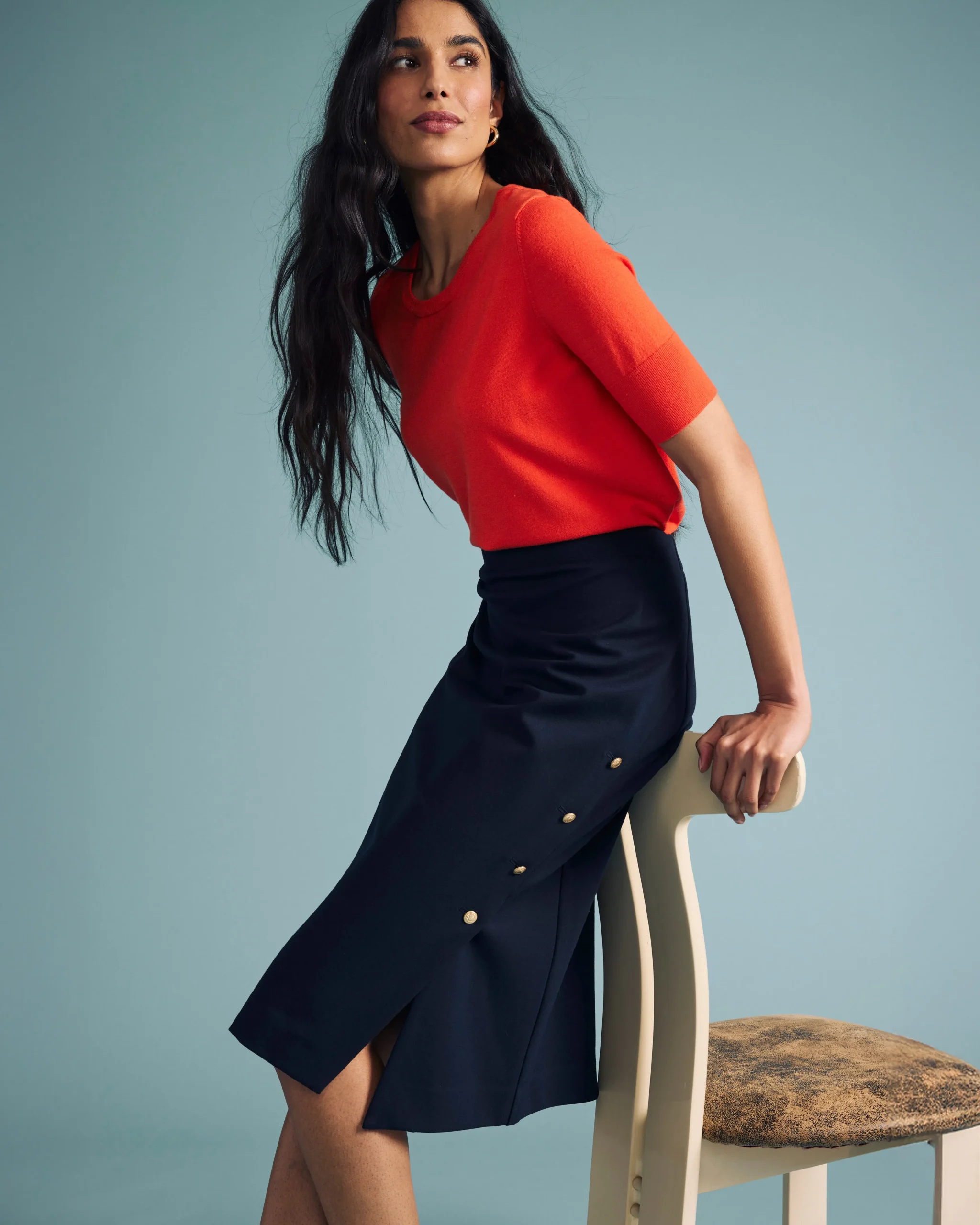 Anya Ponte Skirt Navy with Gold Buttons