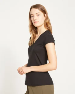Ashley V Neck Cap Sleeve Tee Black
