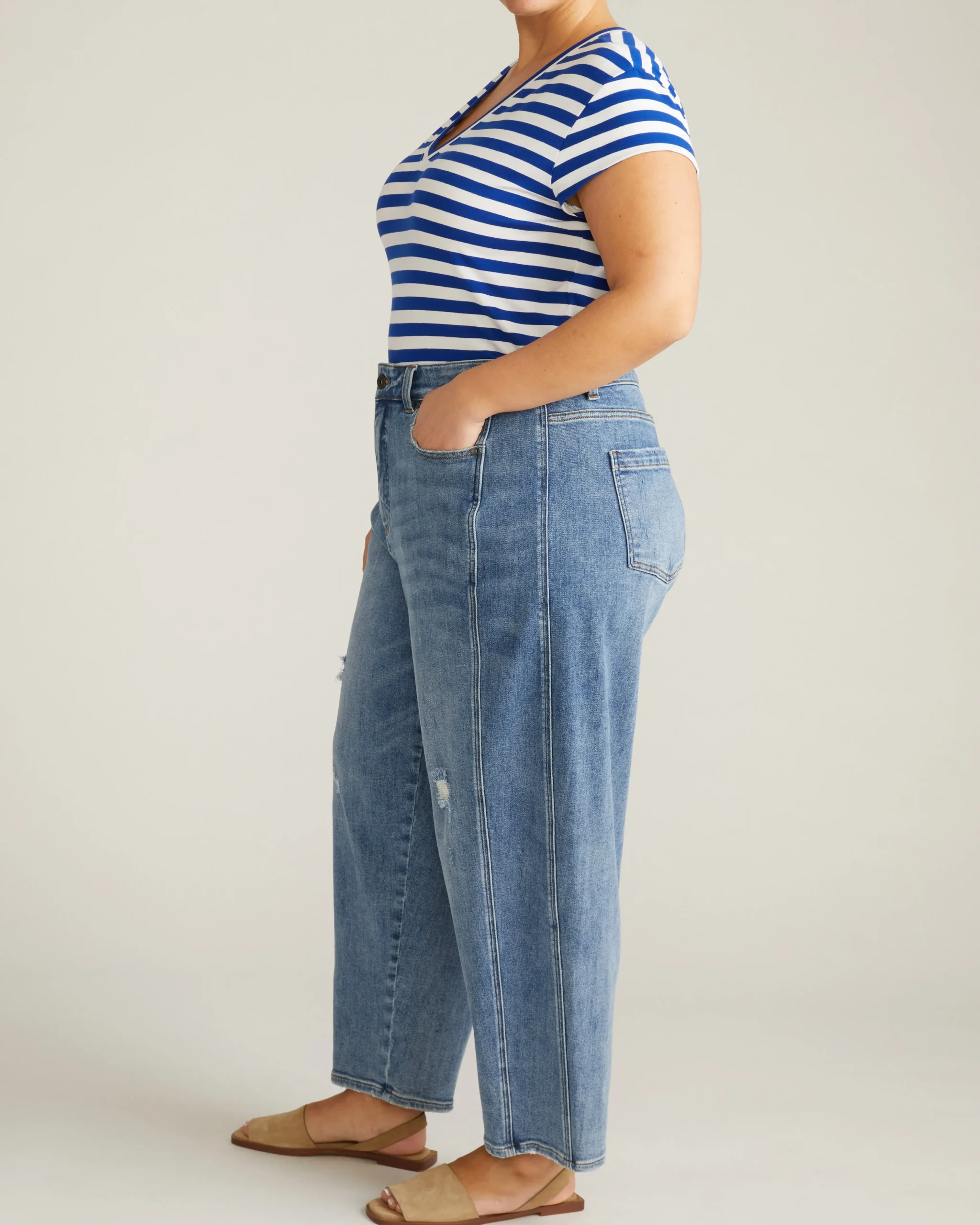 Ashley V Neck Cap Sleeve Tee Hammersmith Blue/White Stripe