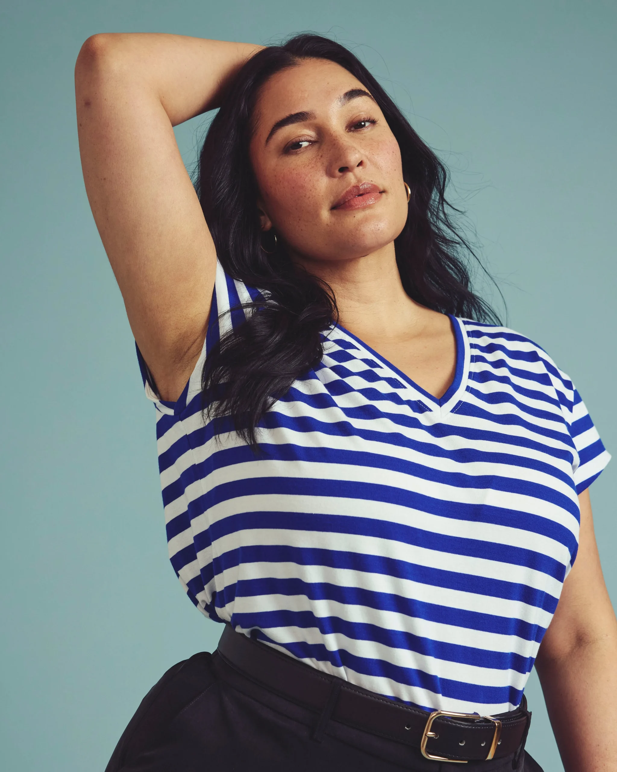 Ashley V Neck Cap Sleeve Tee Hammersmith Blue/White Stripe