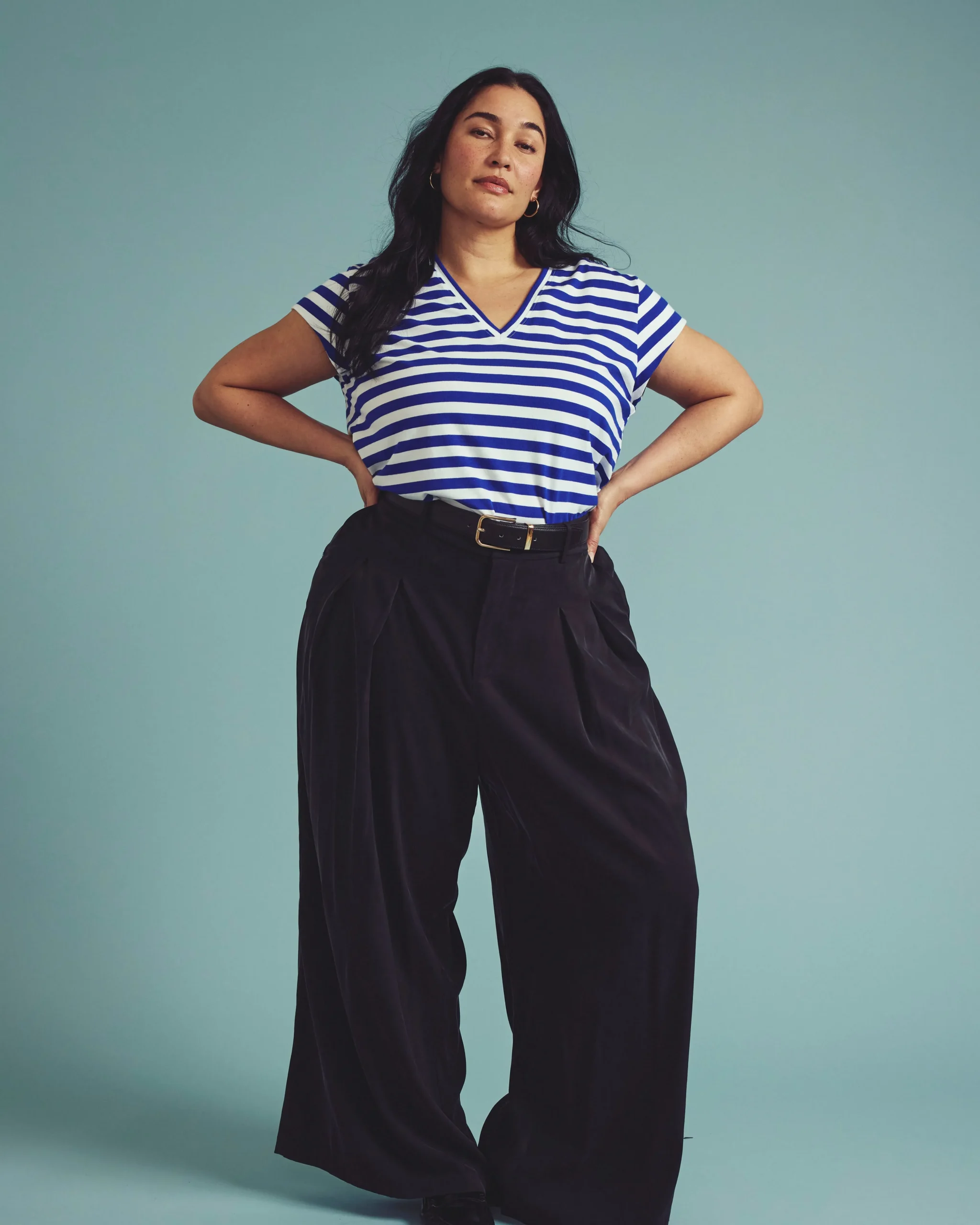 Ashley V Neck Cap Sleeve Tee Hammersmith Blue/White Stripe