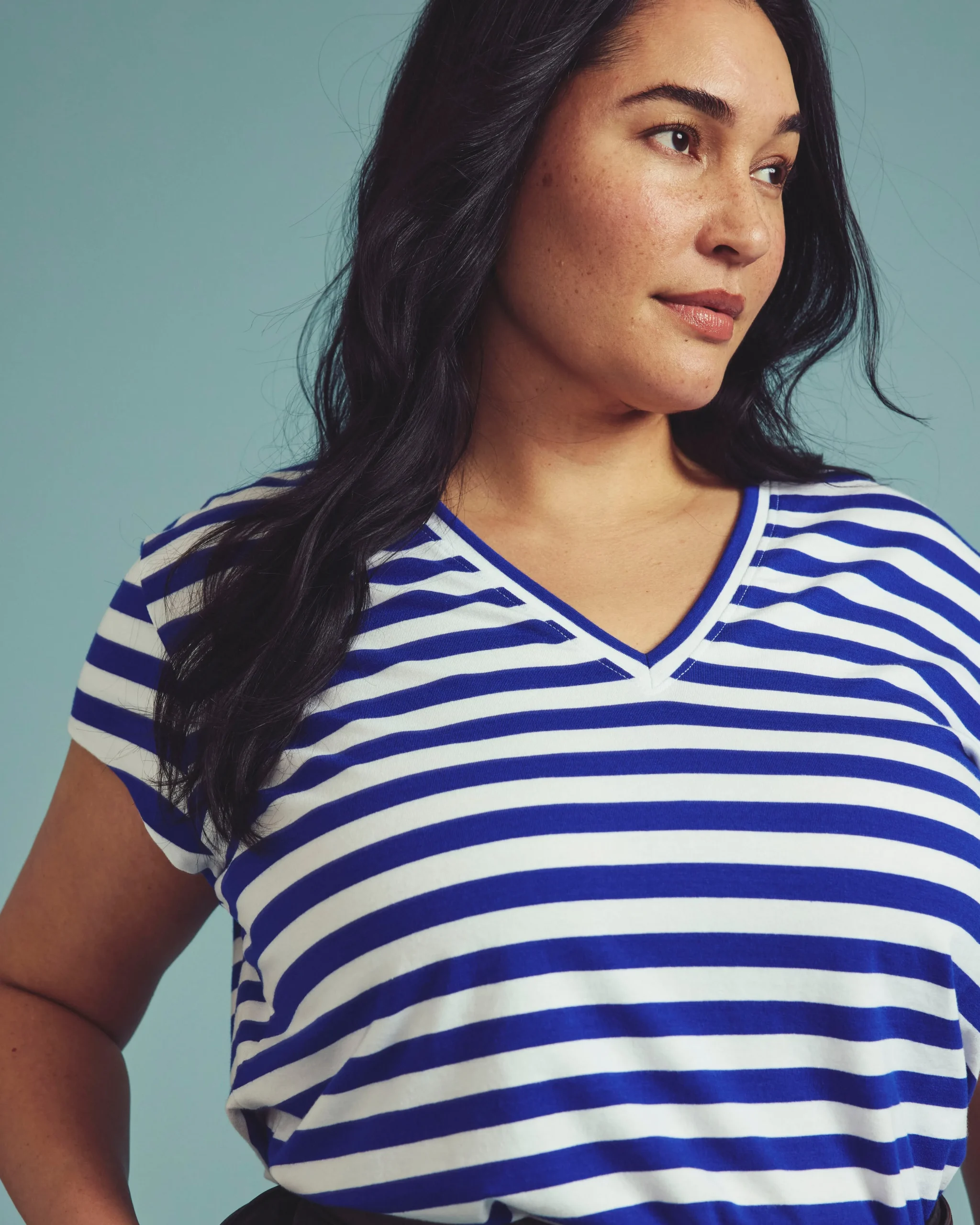 Ashley V Neck Cap Sleeve Tee Hammersmith Blue/White Stripe