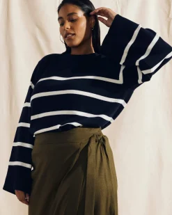 Bardot Wide Sleeve Cotton Sweater Navy/White