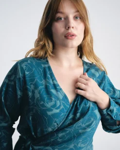 Beacon Stretch Cupro Wrap Shirt Rose Print in Deep Teal