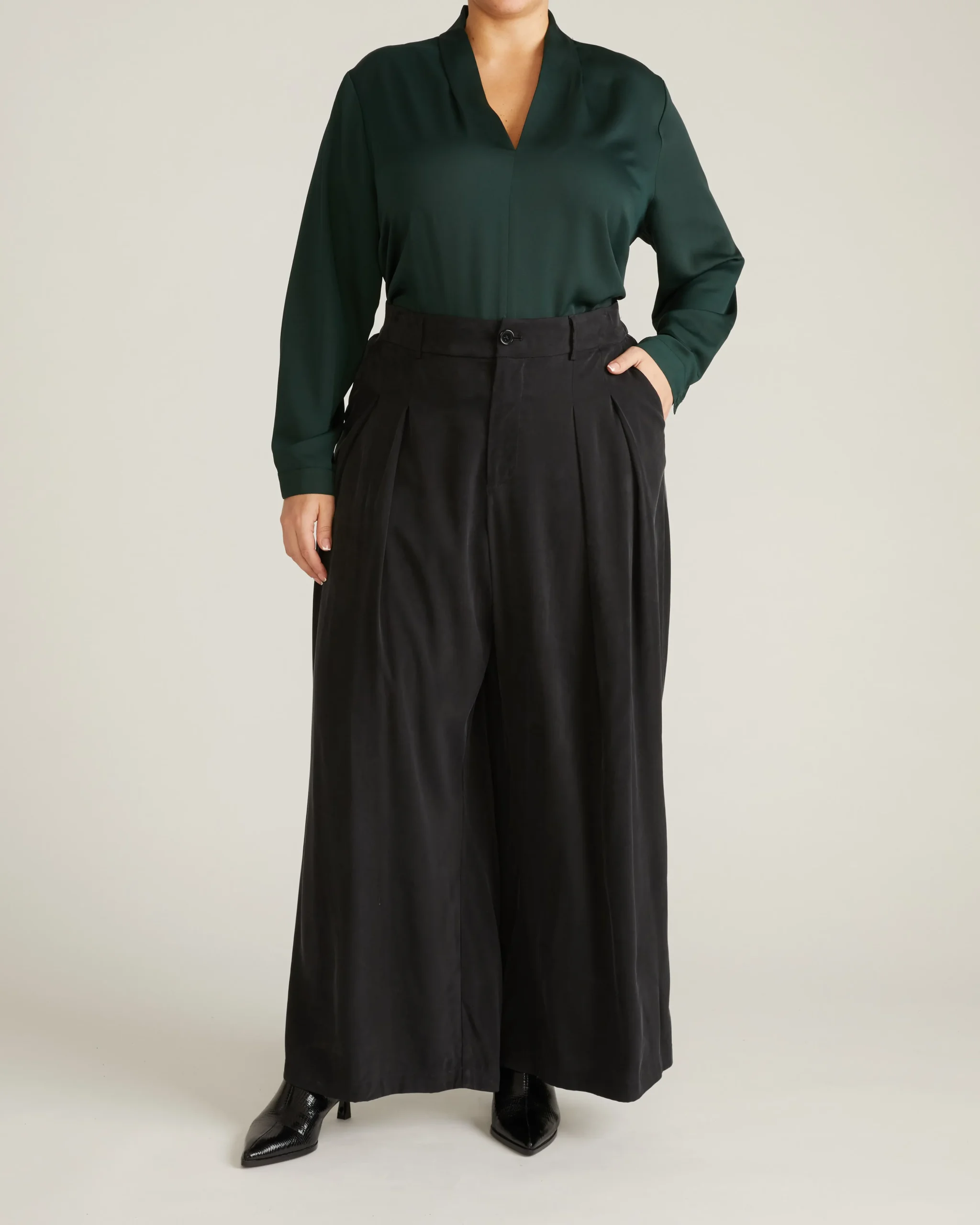 Beatrice Soft Satin Long Sleeve Top Forest Green