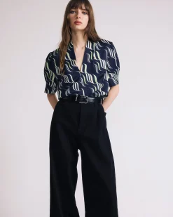 Beatrice Soft Satin Short Sleeve Top Paddington Ribbon Print
