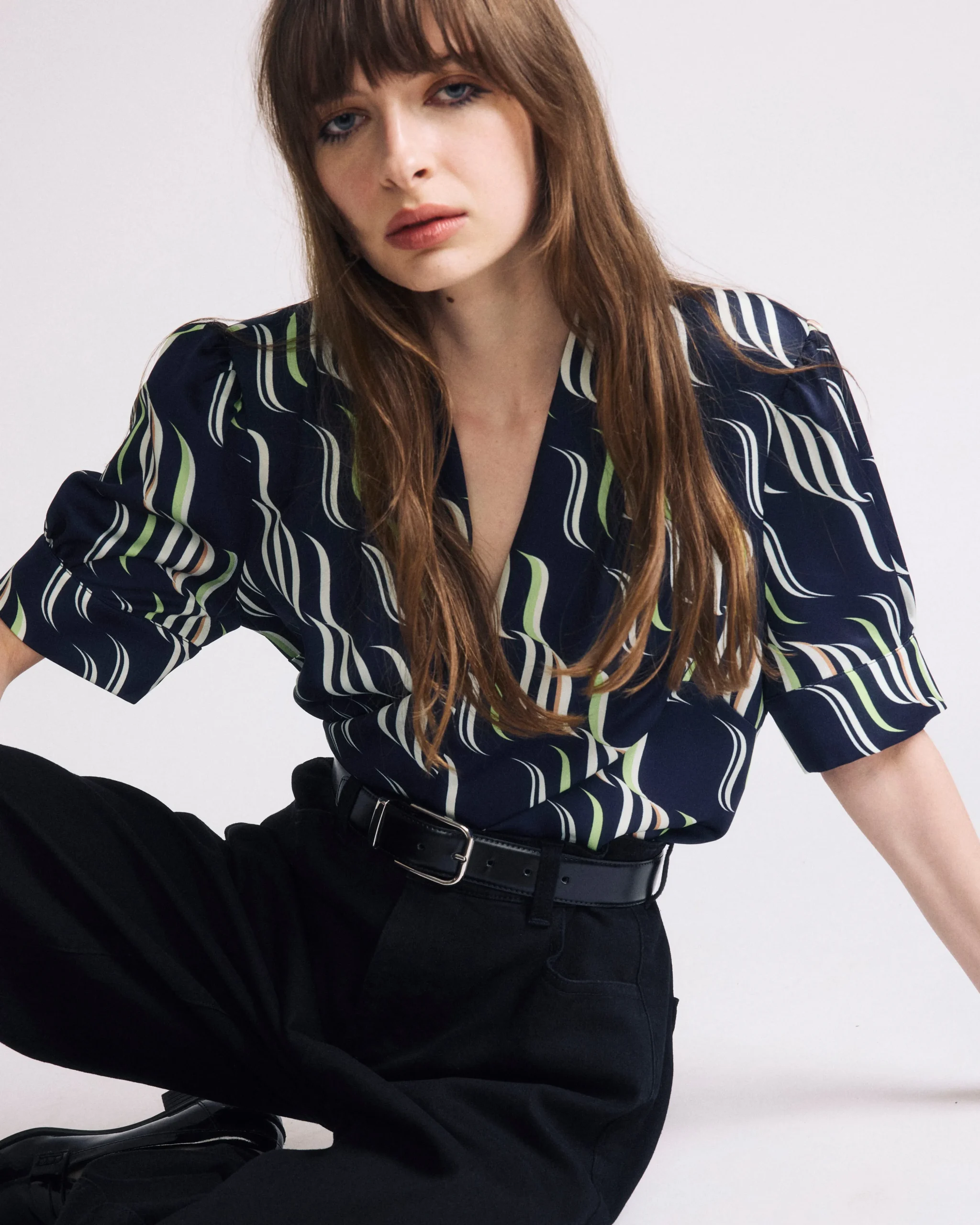 Beatrice Soft Satin Short Sleeve Top Paddington Ribbon Print