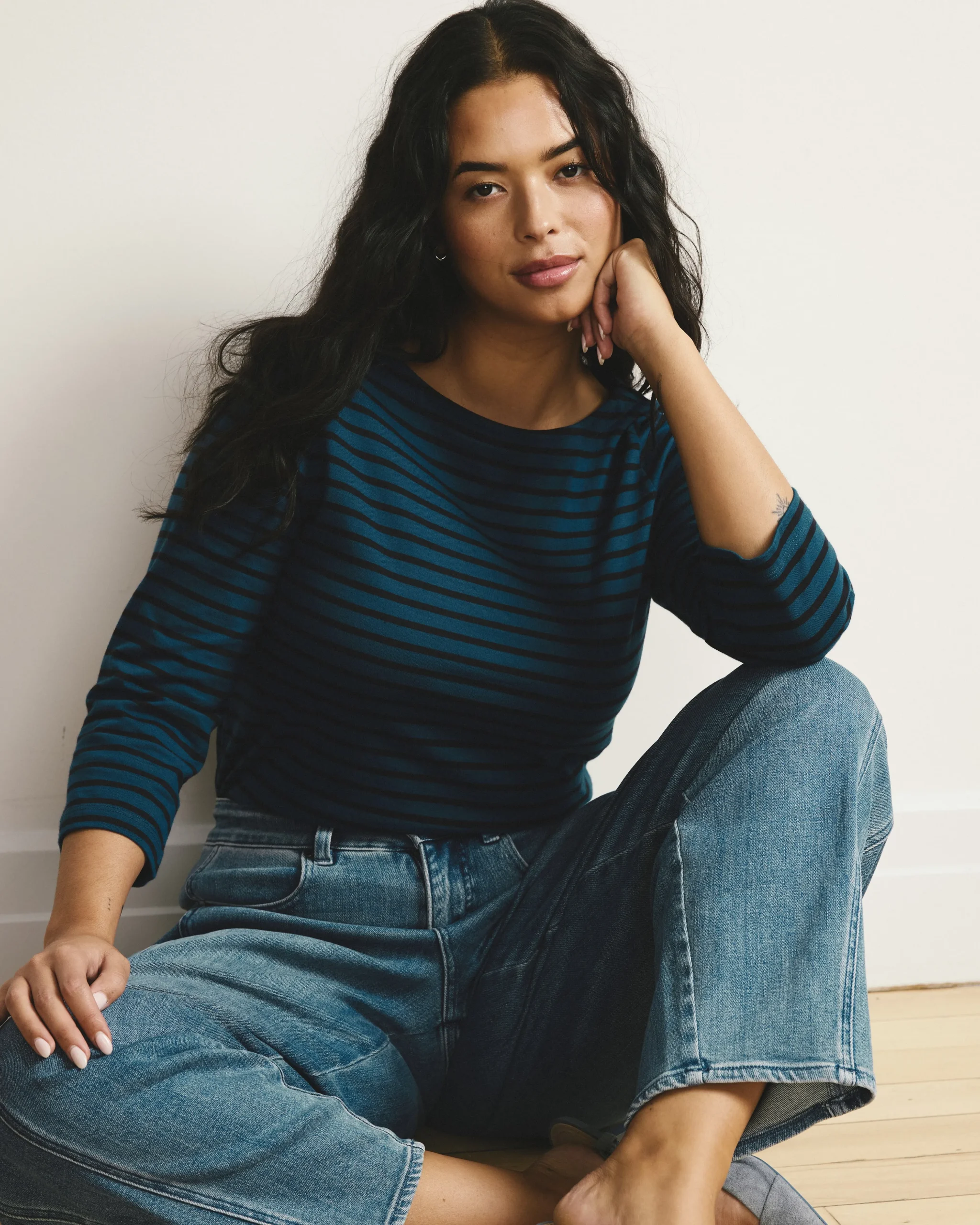 Belle Breton Stripe Jersey Tee Deep Teal/Black Stripe