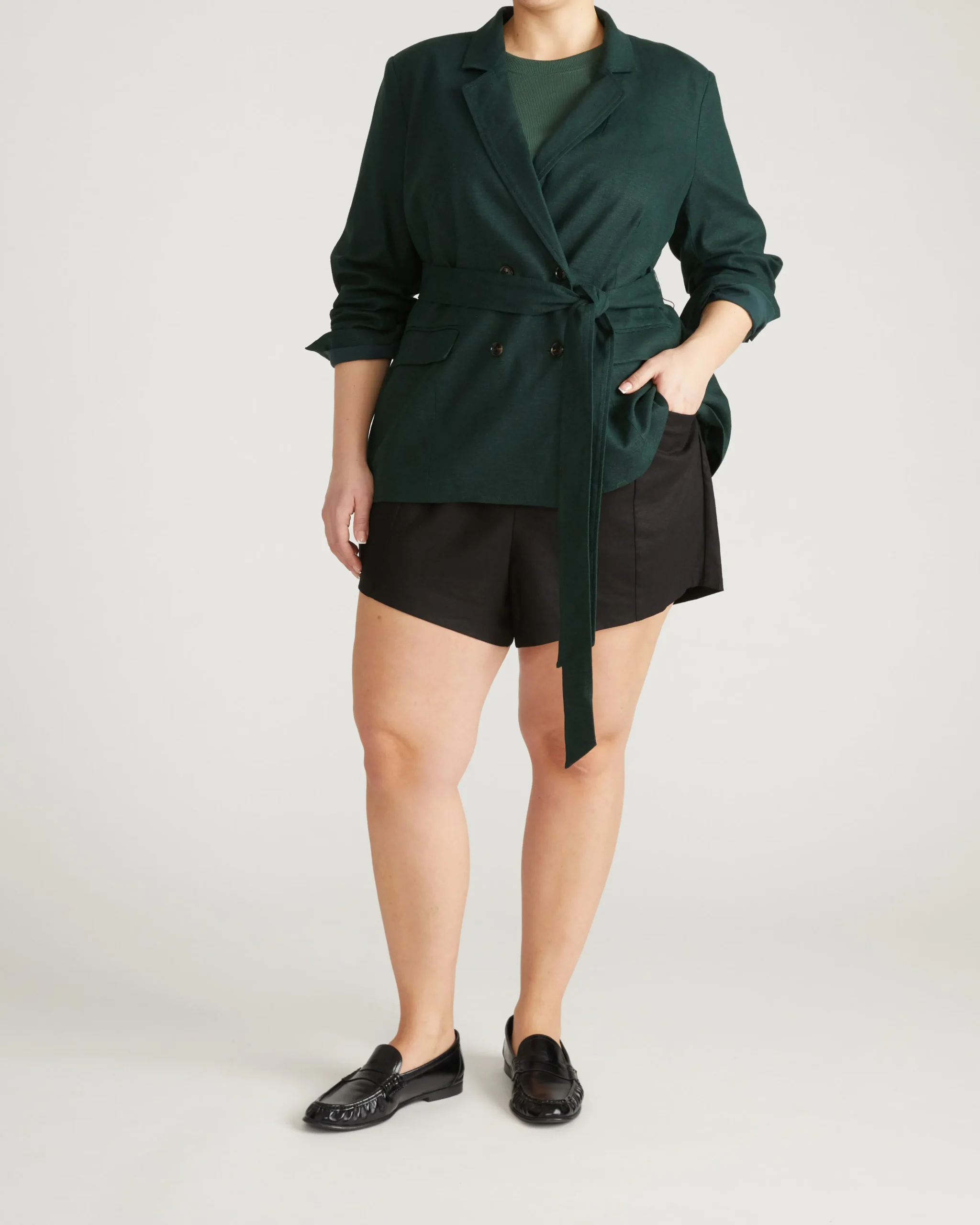 Belted Double Breasted Linen Blend Blazer Forest Green