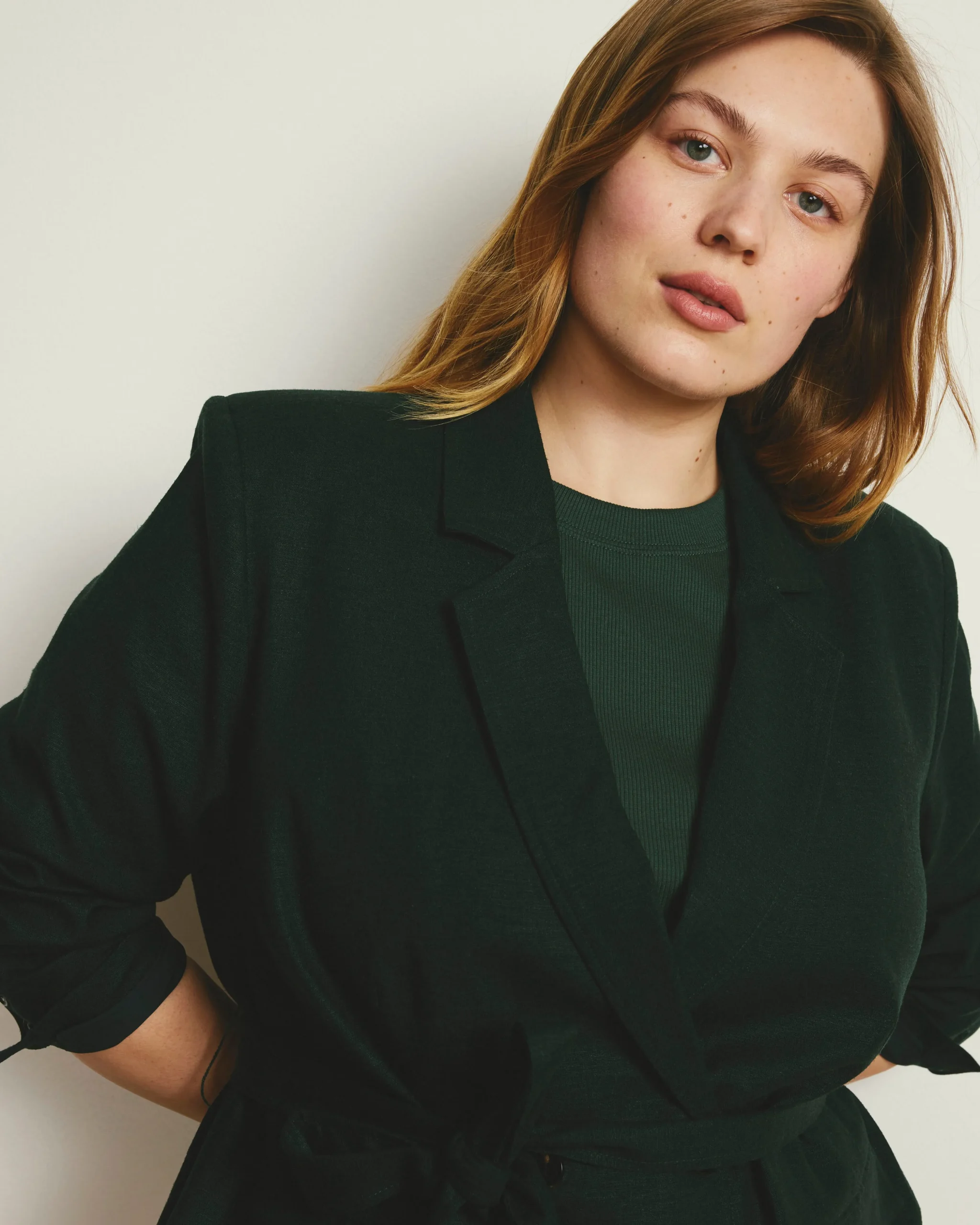 Belted Double Breasted Linen Blend Blazer Forest Green