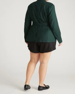 Belted Double Breasted Linen Blend Blazer Forest Green