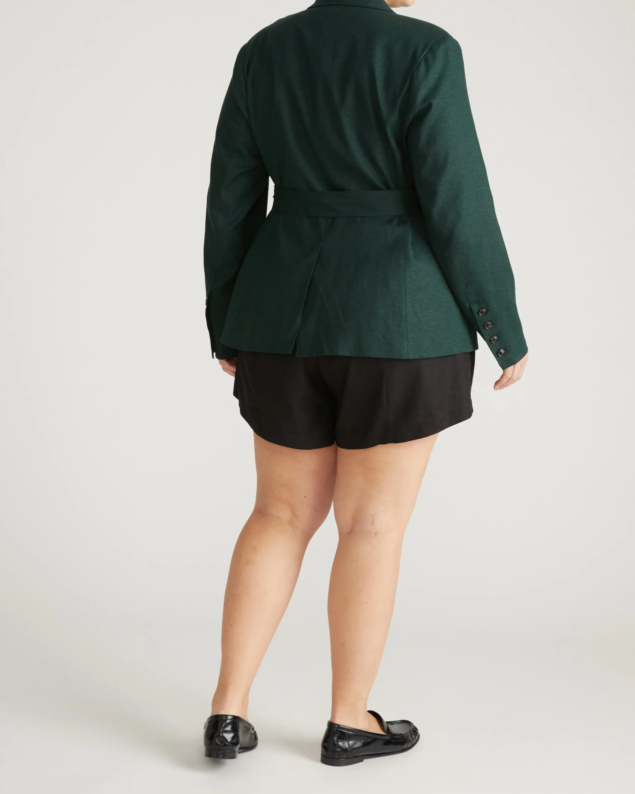 Belted Double Breasted Linen Blend Blazer Forest Green