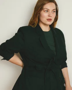 Belted Double Breasted Linen Blend Blazer Forest Green