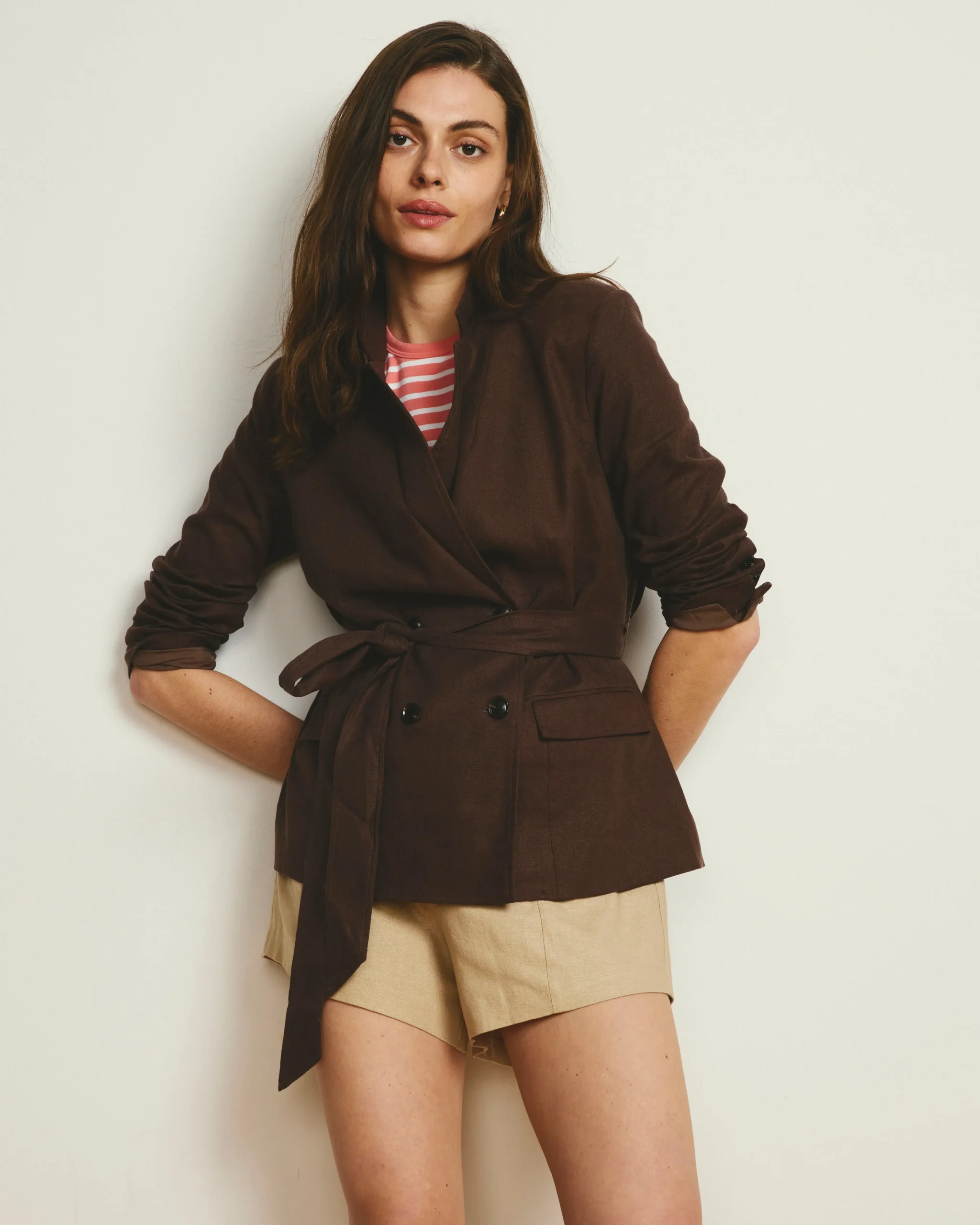 Belted Double Breasted Linen Blend Blazer Sophisticated Brown