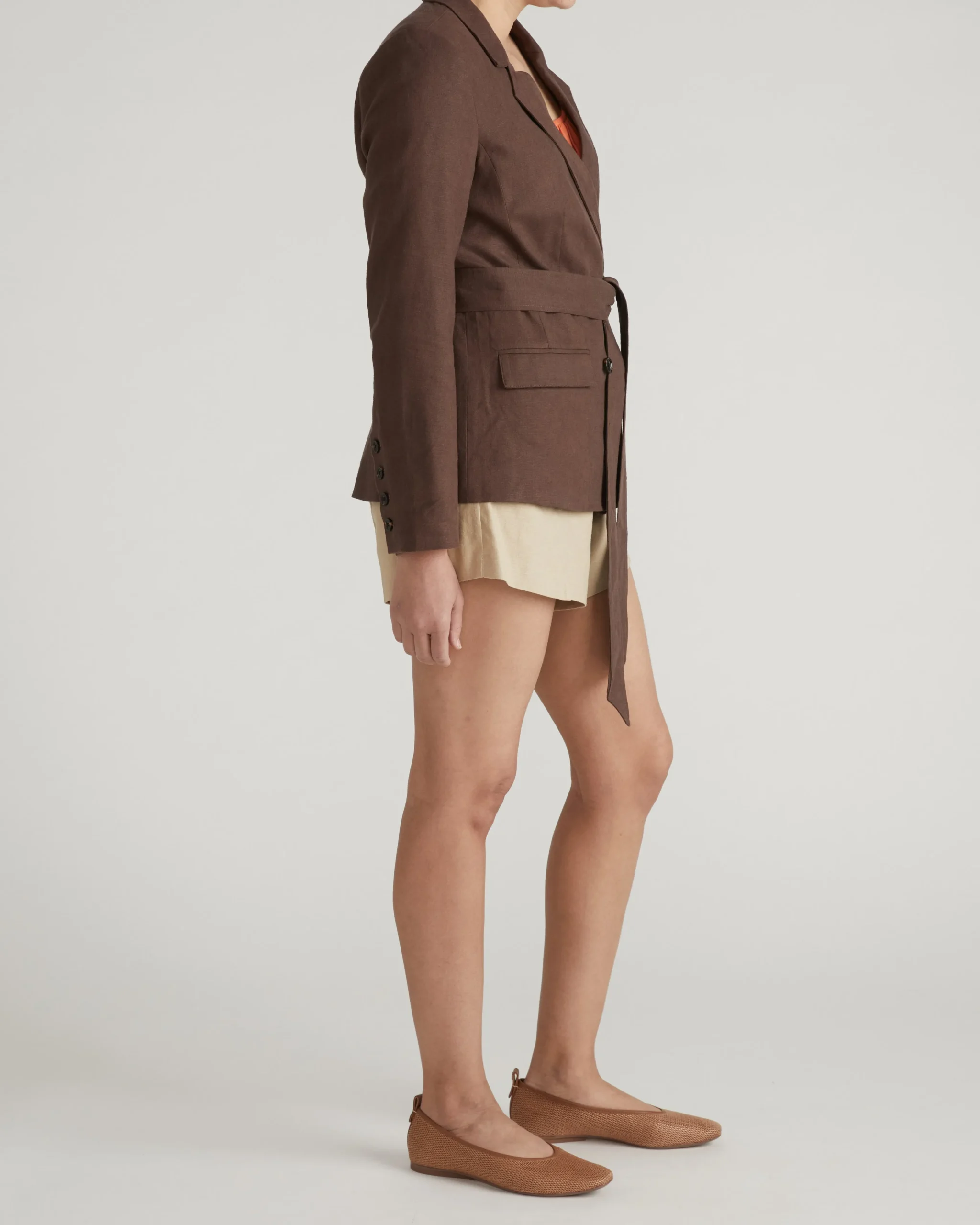 Belted Double Breasted Linen Blend Blazer Sophisticated Brown