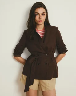 Belted Double Breasted Linen Blend Blazer Sophisticated Brown
