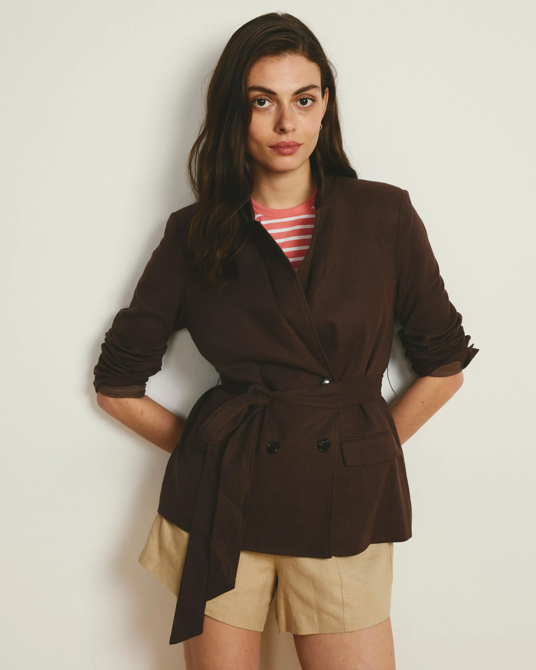 Belted Double Breasted Linen Blend Blazer Sophisticated Brown