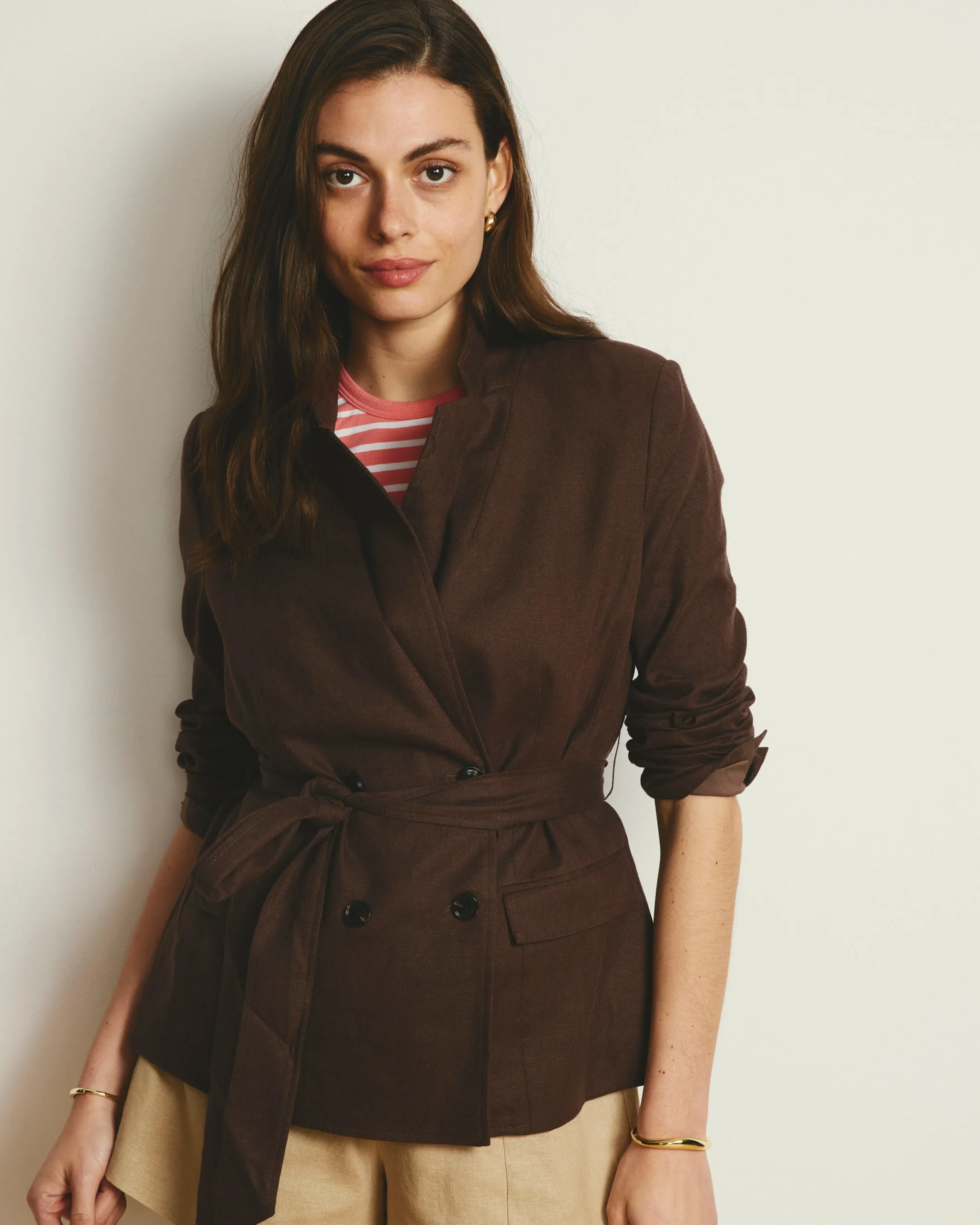 Belted Double Breasted Linen Blend Blazer Sophisticated Brown