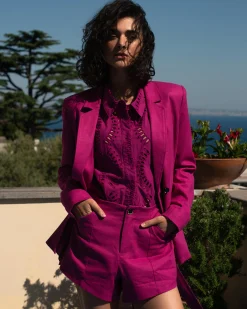 Belted Double Breasted Linen Blend Blazer Hyper Pink