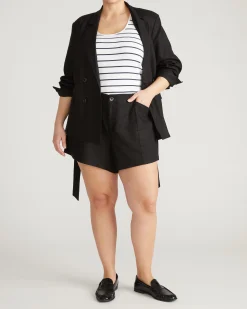 Belted Double Breasted Linen Blend Blazer Black