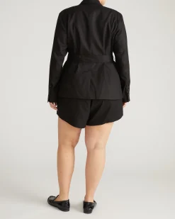 Belted Double Breasted Linen Blend Blazer Black
