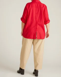 Button Back Linen Blend Polo Shirt Brilliant Red
