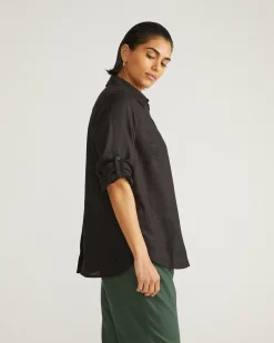 Button Back Linen Blend Polo Shirt Black