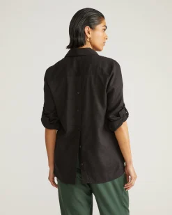 Button Back Linen Blend Polo Shirt Black