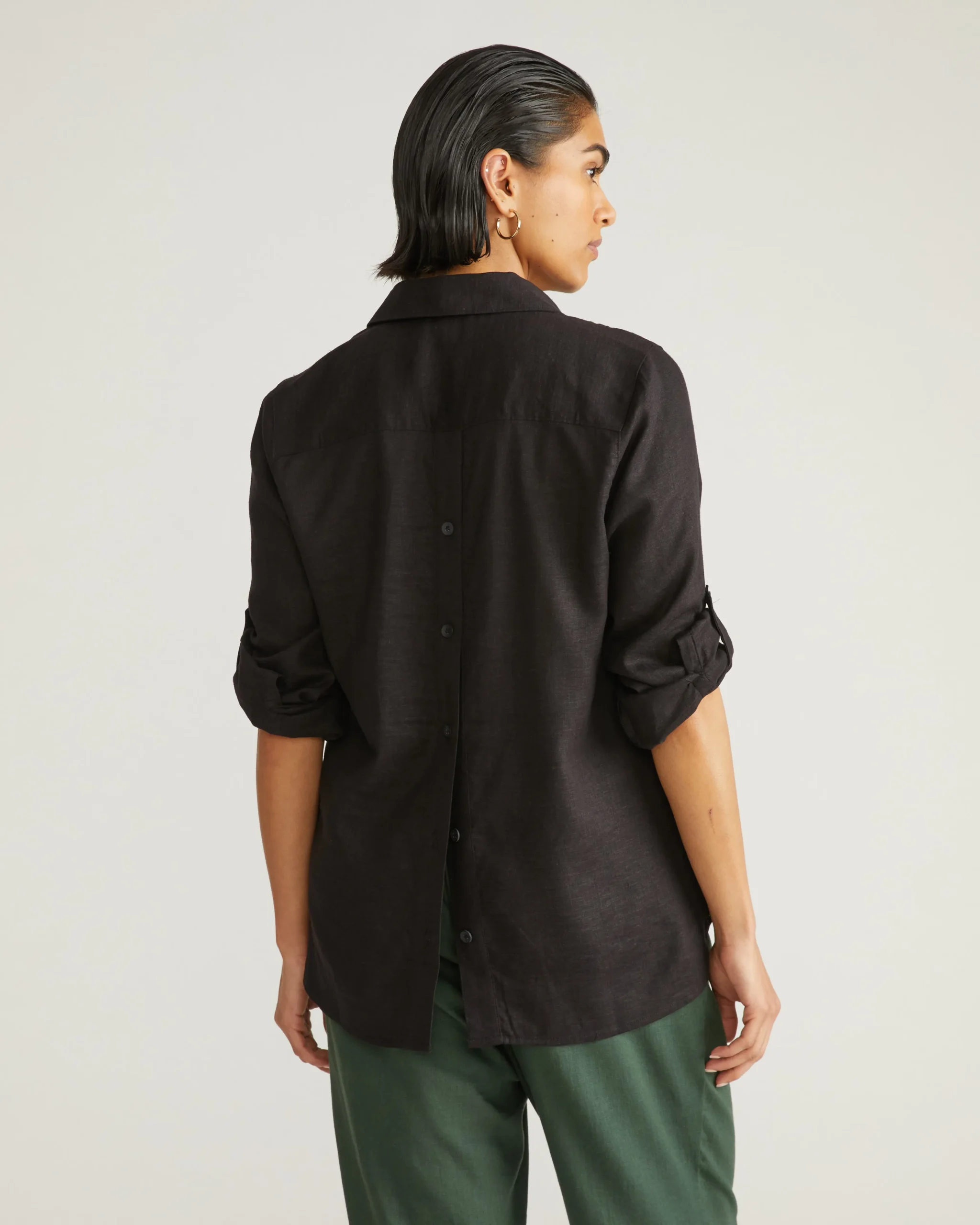 Button Back Linen Blend Polo Shirt Black