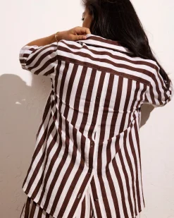 Button Back Linen Blend Polo Shirt Peppercorn Stripe